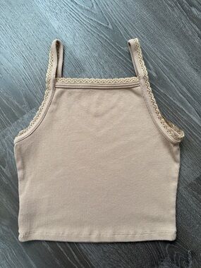 American Eagle Outfitters Beige Lace-Trim Ribbed Tank